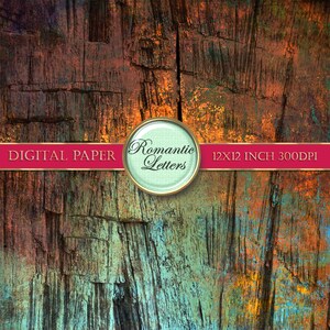 May include: Digital paper with a wood grain texture in shades of brown, blue, green, and orange. The paper is 12x12 inches and 300 DPI. The text "Romantic Letters" is in a circle with a gold border.