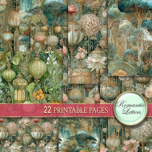 Laternen druckbares digitales Papier Floral Junk Journal Seiten Scrapbook Papier Pack Rose Blumen Botanisches Kraftpapier Shabby Chic Kraftpapier