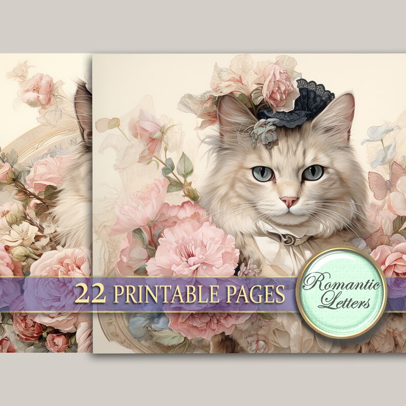 Cats Junk Journal Pages Floral Digital Scrapbook Paper Pack Shabby Chic ...