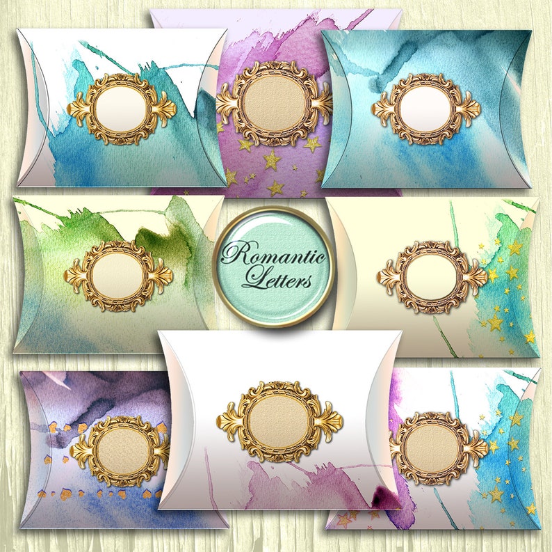 May include: Eight pillow boxes with watercolor designs in shades of blue, green, purple, and yellow. Each box has a gold ornate frame with a blank oval space in the center. The text "Romantic Letters" is printed on a blue circle.