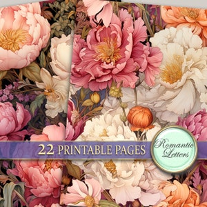 Pu&ograve; includere: Un download digitale di 22 pagine stampabili con un motivo floreale di peonie rosa, bianche e pesca. Il testo "Romantic Letters" &egrave; in un cerchio sull'immagine.