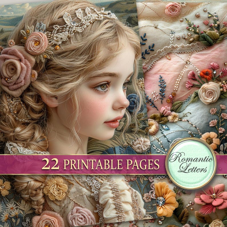 K&ouml;nnte beinhalten: Ein digitales Collage-Blatt mit 22 druckbaren Seiten, das ein junges M&auml;dchen mit blonden Haaren zeigt, das ein Blumenhaarband und ein Blumenkleid tr&auml;gt. Der Hintergrund zeigt eine Vielzahl von floralen Stickmustern in Rosa-, Blau- und Gr&uuml;nt&ouml;nen. Der Text "Romantic Letters" wird in einem gr&uuml;nen Kreis angezeigt.