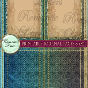 May include: Printable journal pages with a vintage aesthetic. The design features a teal and blue background with gold stitching and decorative frames. The text "Romantic Letters" and "Printable Journal Pages 8.5x11" are included.