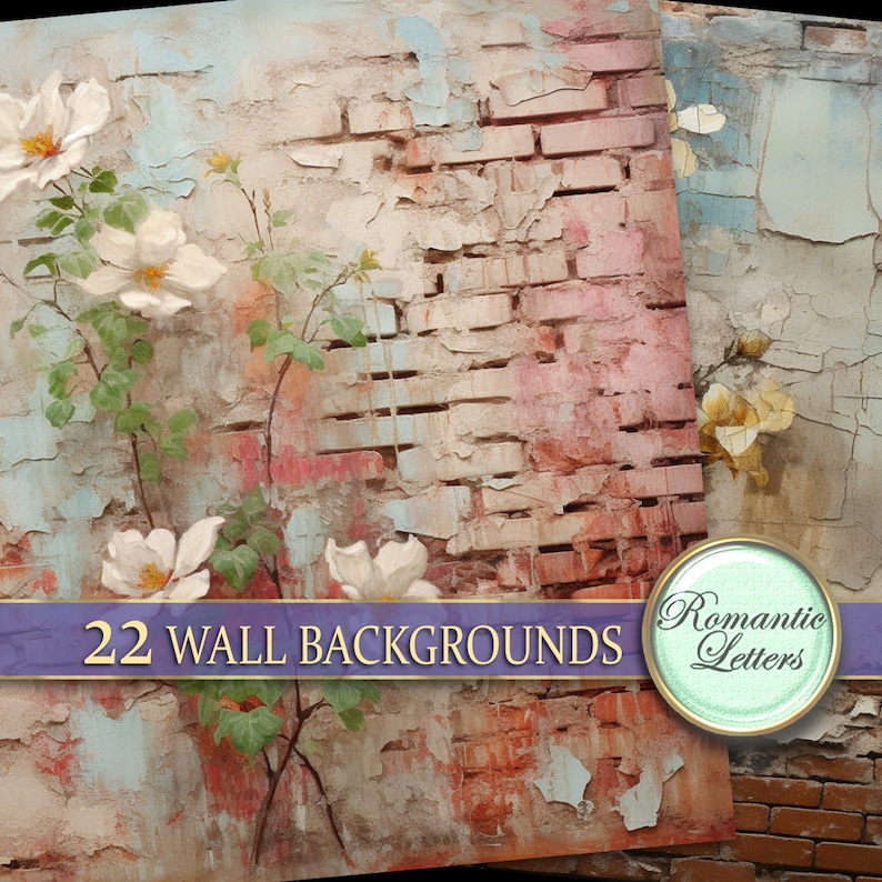 May include: A digital collage of 22 wall backgrounds featuring a brick wall with peeling paint and white flowers. The text "22 Wall Backgrounds" is displayed on a purple banner.