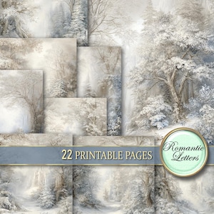 May include: A collage of 22 printable pages depicting a winter forest landscape with snow-laden trees and a hazy atmosphere. The pages are arranged in a collage, with a banner that reads "22 Printable Pages" and a circular logo with the words "Romantic Letters".