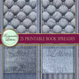 May include: A set of 25 printable book spreads featuring a variety of textures, including tufted upholstery, denim, and striped fabric. The text "Romantic Letters" and "25 Printable Book Spreads" are displayed on a red banner.