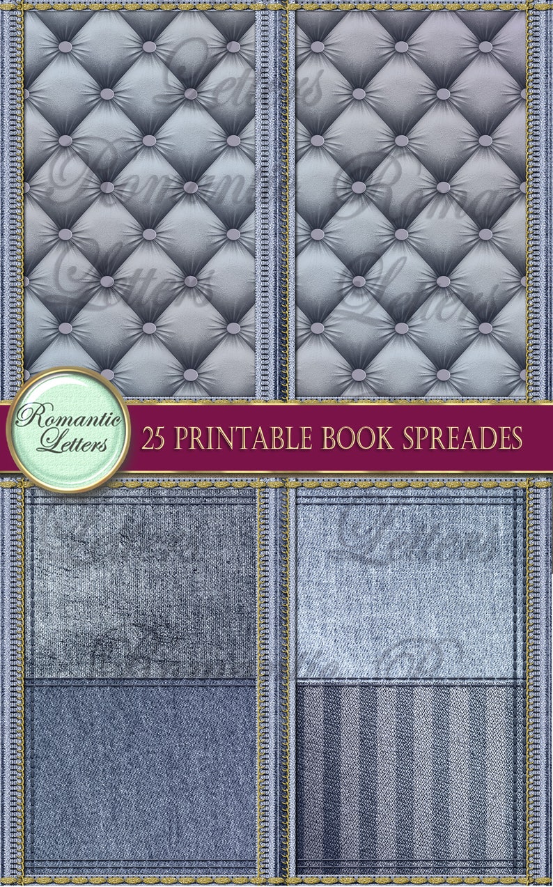 May include: A set of 25 printable book spreads featuring a variety of textures, including tufted upholstery, denim, and striped fabric. The text "Romantic Letters" and "25 Printable Book Spreads" are displayed on a red banner.