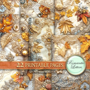 May include: A collage of 22 printable pages featuring intricate gold and white lace patterns with autumn leaves, beads, and embellishments. The text "22 Printable Pages" and "Romantic Letters" is visible on the image.