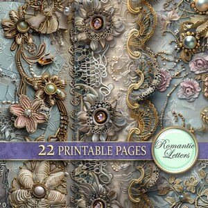 Victorian Digital printable junk journal pages scrapbook paper pack Shabby chik baroque luxury printable craft paper embroidery golden lace image 5