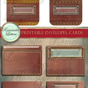 Op de afbeelding: Printbare enveloppen en kaarten met een steampunk-ontwerp. De enveloppen hebben een bruine achtergrond met gouden accenten en een venster voor een adres. De kaarten hebben een vergelijkbaar ontwerp met een venster voor een bericht.