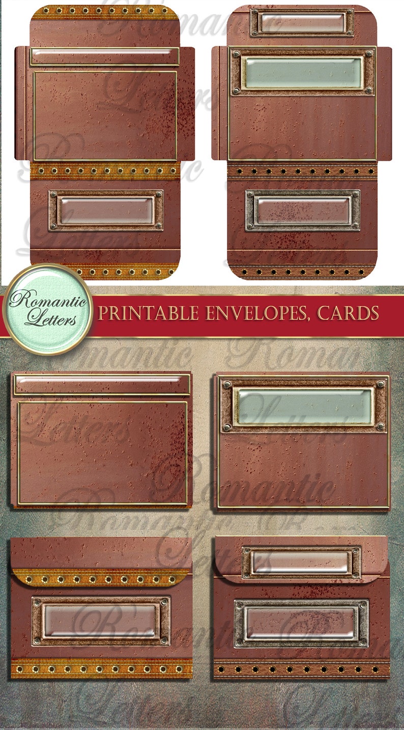 Op de afbeelding: Printbare enveloppen en kaarten met een steampunk-ontwerp. De enveloppen hebben een bruine achtergrond met gouden accenten en een venster voor een adres. De kaarten hebben een vergelijkbaar ontwerp met een venster voor een bericht.