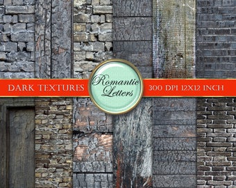 May include: Four digital paper textures in dark tones. The textures include a brick wall, a weathered wooden plank, a charred wooden plank, and a wooden plank with a distressed paint finish. The textures are 300 DPI and 12x12 inches.