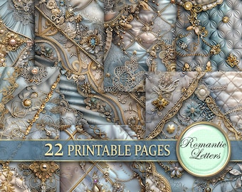 Paquet de papier numérique imprimable pour scrapbooking, album de mariage shabby chic, papier artisanal de luxe imprimable, pages de journal de broderie victoriennes, or A4