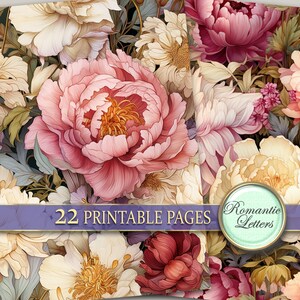 Pu&ograve; includere: Un download digitale di 22 pagine stampabili con un motivo floreale di peonie rosa, bianche e rosse. Il testo "Romantic Letters" &egrave; nell'angolo in basso a destra dell'immagine.