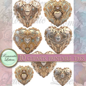 May include: Ten ornate gold and white heart-shaped clip art images with intricate details and blue gemstones.  The clip art images are perfect for adding a touch of elegance to your projects.