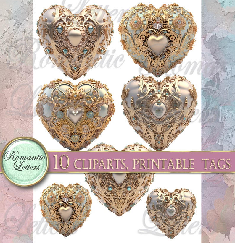 May include: Ten ornate gold and white heart-shaped clip art images with intricate details and blue gemstones.  The clip art images are perfect for adding a touch of elegance to your projects.