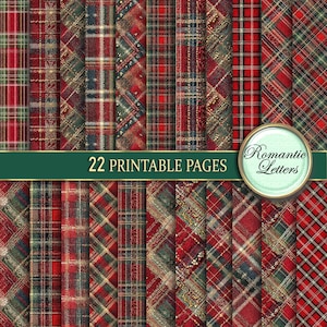 Op de afbeelding: Een verzameling van 22 afdrukbare pagina's met verschillende ruitpatronen in tinten rood, groen, goud en marineblauw. De ontwerpen omvatten klassieke tartan en andere geweven stijlen. De afbeelding bevat ook een cirkelvormig logo met de woorden "Romantic Letters".