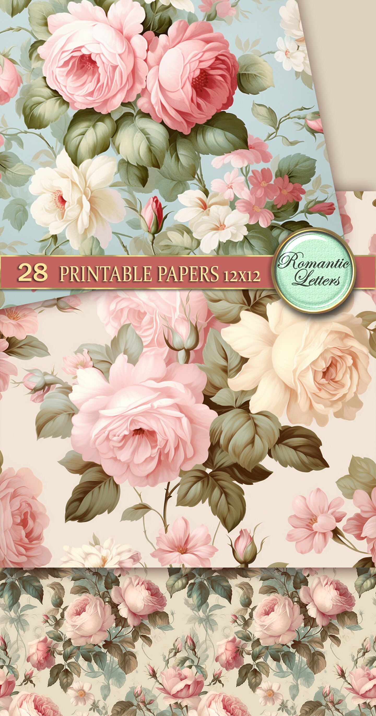 Shabby Chic Digital Scrapbooking Paper Pack Pink Floral Digital ...