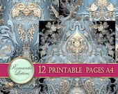 Digital paper Damask scrapbook printable paper pack digital texture vintage wallpaper paper shabby chic junk journal paper gold texture A4