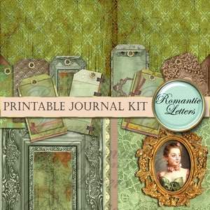 May include: A digital collage featuring a variety of vintage ephemera. The design includes ornate frames, tags, and a portrait, all in shades of green, brown, and gold. The text "Printable Journal Kit" is displayed prominently.