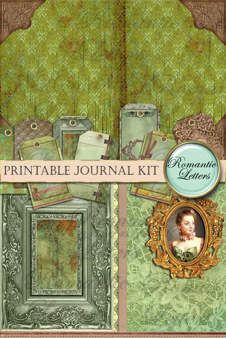 May include: A digital collage featuring a variety of vintage ephemera. The design includes ornate frames, tags, and a portrait, all in shades of green, brown, and gold. The text "Printable Journal Kit" is displayed prominently.