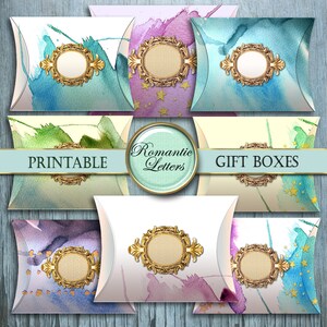 May include: Printable gift boxes with watercolor designs. The boxes have a gold frame with a blank space for text. The boxes are available in a variety of colors, including blue, green, purple, and yellow. The text on the boxes reads "Printable Gift Boxes" and "Romantic Letters".