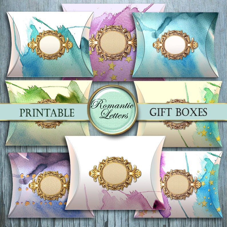 May include: Printable gift boxes with watercolor designs. The boxes have a gold frame with a blank space for text. The boxes are available in a variety of colors, including blue, green, purple, and yellow. The text on the boxes reads "Printable Gift Boxes" and "Romantic Letters".