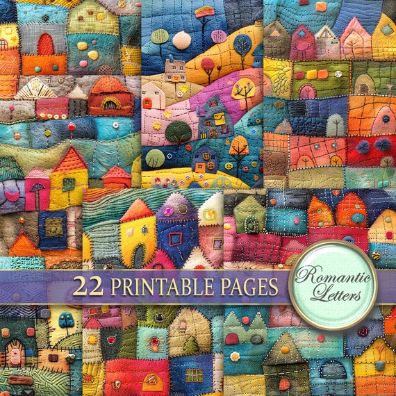 Digital printable scrapbook paper pack junk journal paper Patchwork fabric stitched printable craft paper kids album patchwork paper