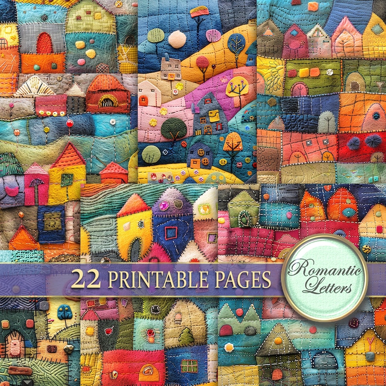 May include: A set of 22 printable pages featuring colorful, whimsical illustrations of houses and landscapes. The illustrations are made up of patchwork fabric and stitching, giving them a unique and charming look. The text "Romantic Letters" is visible in the bottom right corner of the image.