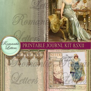 May include: Printable journal kit with a vintage aesthetic. The kit includes a green and white patterned paper with a lace border, a pink and white patterned paper with a floral design, and a magazine cover featuring a woman in a blue dress. The text on the magazine cover reads "The Ladies Home Journal".