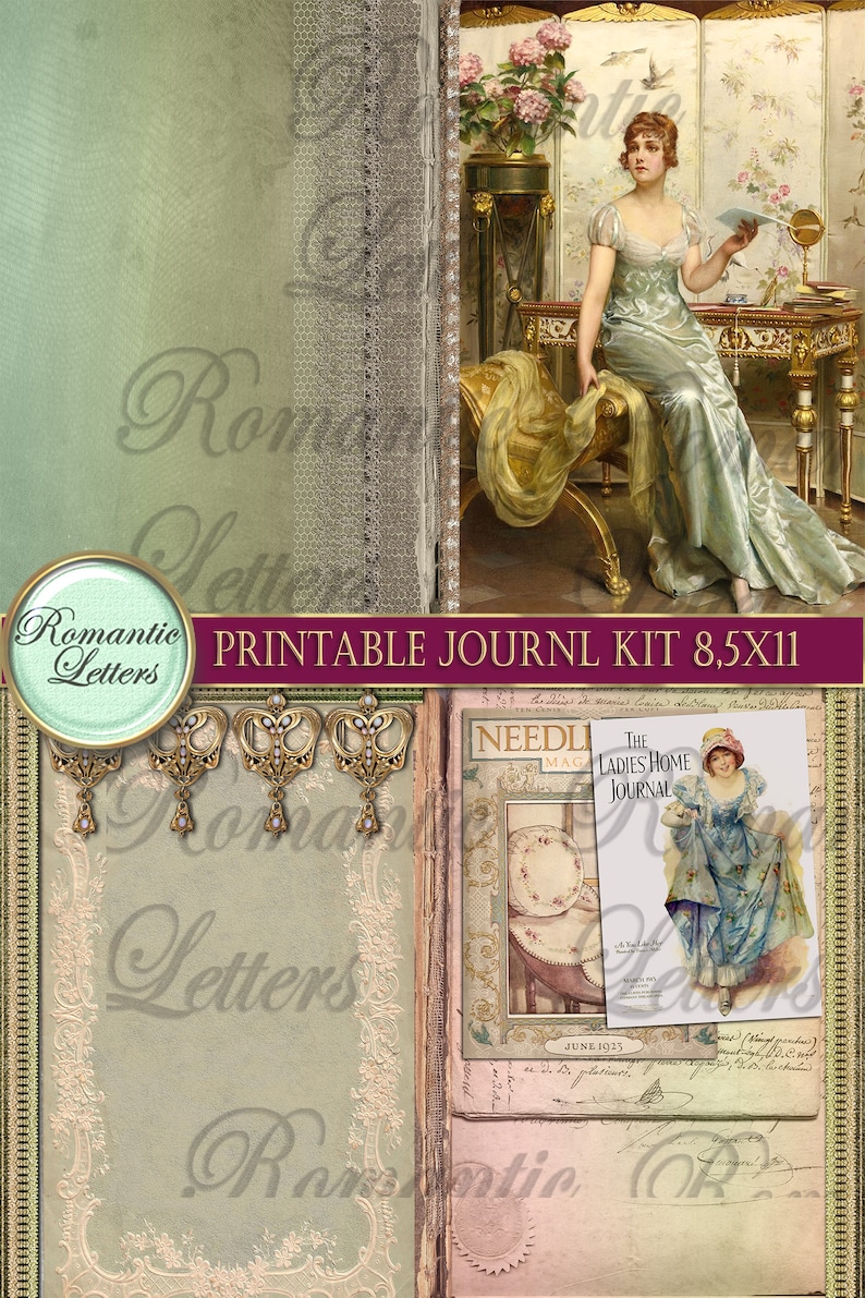 May include: Printable journal kit with a vintage aesthetic. The kit includes a green and white patterned paper with a lace border, a pink and white patterned paper with a floral design, and a magazine cover featuring a woman in a blue dress. The text on the magazine cover reads "The Ladies Home Journal".