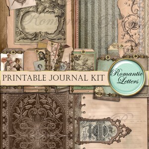 May include: Printable journal kit with vintage style images and text. Includes a decorative cover, patterned paper, and ornate frames. The kit is perfect for scrapbooking, journaling, and crafting.