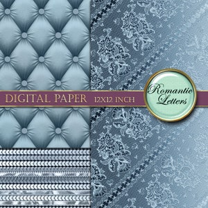 May include: Digital paper pack with two designs. The first design is a blue tufted fabric with a silver sequin trim. The second design is a blue lace pattern with a white floral design. The text "DIGITAL PAPER 12X12 INCH" is on a purple ribbon. A circle with the text "Romantic Letters" is in the corner.