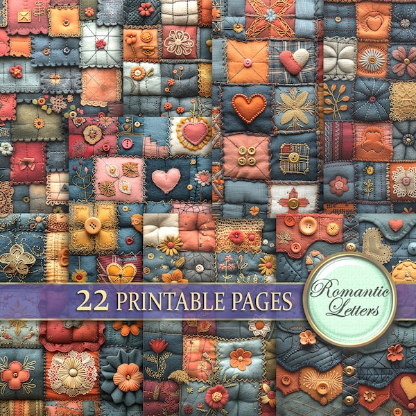 Patchwork digital printable scrapbook paper pack junk journal paper fabric stitched printable craft paper denim embroidery quilted collage