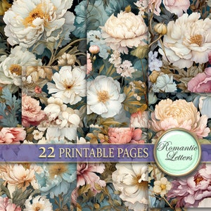 Paquete de papel para álbum de recortes digital botánico, páginas de diario basura para imprimir digitalmente con flores Shabby Chic, patrones florales sin costuras de estilo victoriano