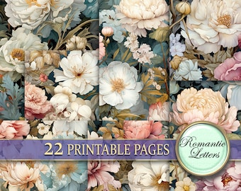 Botanical digital scrapbook paper pack Shabby Chic flowers digital printable junk journal pages  Victorian paper floral seamless patterns