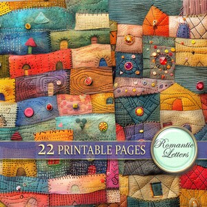 May include: A digital paper pack with 22 printable pages featuring a patchwork quilt design with various colors and textures. The design includes a variety of shapes and patterns, including squares, rectangles, and circles. The quilt is made up of different fabrics, including cotton, linen, and velvet. The quilt is decorated with buttons, beads, and other embellishments. The text "Romantic Letters" is visible in the lower right corner of the image.