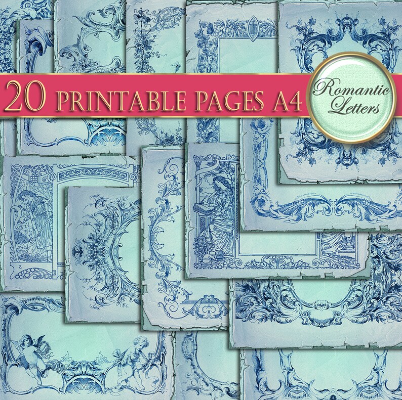 Digital printable scrapbook frames paper printable paper pack junk journal blank pages vintage craft paper blue background shabby chic A4 image 6