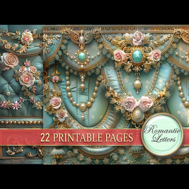 Puede incluir: P&aacute;ginas imprimibles digitales con tem&aacute;tica rom&aacute;ntica. La imagen presenta un fondo verde azulado con adornos dorados, perlas y rosas rosas. El texto "22 Printable Pages" se muestra en una pancarta roja, y un logotipo circular dice "Romantic Letters."