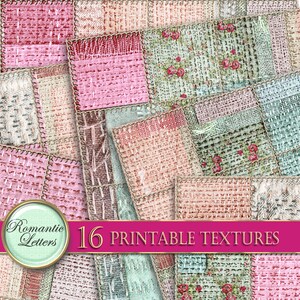 May include: A collection of 16 printable textures featuring a patchwork design with various shades of pink, green, and brown. The textures have a distressed, vintage look and are perfect for crafting projects.