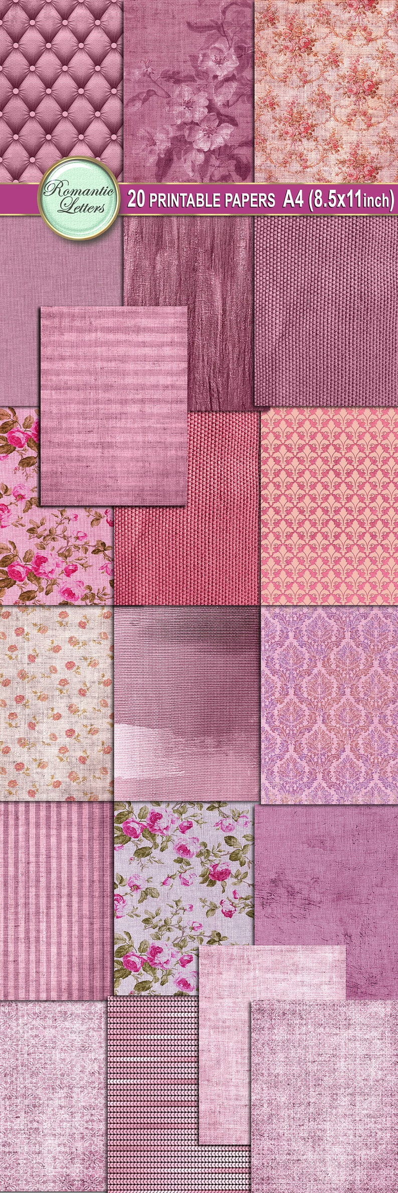 May include: 20 printable digital papers in pink and purple hues. The papers feature various patterns, including floral, stripes, polka dots, and textures.  20 PRINTABLE PAPERS A4 (8.5x11 inch)