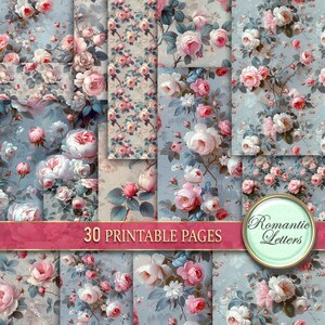 Floral digital Scrapbook Paper pack vintage junk journal pages rose patterns Shabby Chic printable decoupage paper flowers botanical A4
