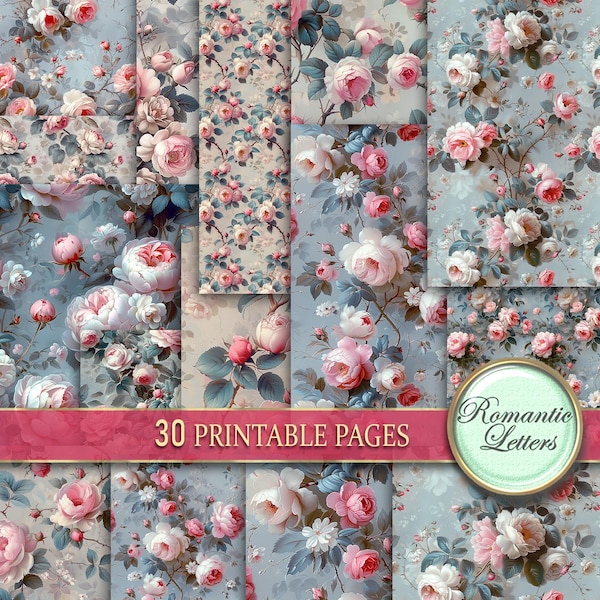 Digitalt blommigt scrapbookpapper paket vintage skräpjournalsidor rosmönster Shabby chic utskrivbart decoupagepapper blommor botaniskt A4