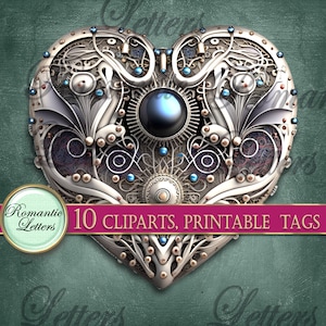 May include: A silver and gold heart-shaped design with intricate details, including gears, swirls, and a large black pearl in the center. The heart is surrounded by smaller blue and gold accents.