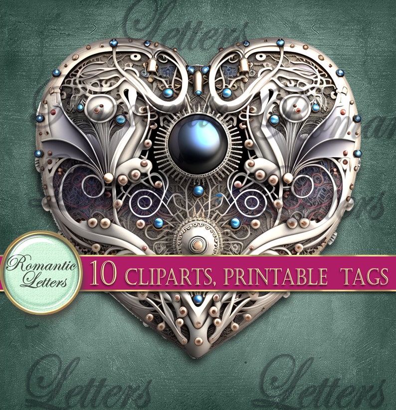 May include: A silver and gold heart-shaped design with intricate details, including gears, swirls, and a large black pearl in the center. The heart is surrounded by smaller blue and gold accents.