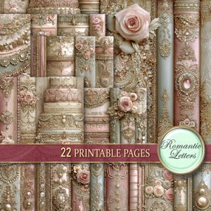 Op de afbeelding: Een collage van printbare pagina's in vintage-stijl met een romantisch thema. De pagina's hebben sierlijke ontwerpen in zachtroze, crème en goud, met bloemen- en parelaccenten. De tekst "22 PRINTABLE PAGES" is zichtbaar.