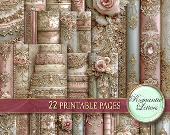 May include: A collection of printable pages with a romantic theme, featuring ornate designs in soft pink, cream, and gold. The pages are decorated with floral and pearl accents. The text "22 PRINTABLE PAGES" is visible.