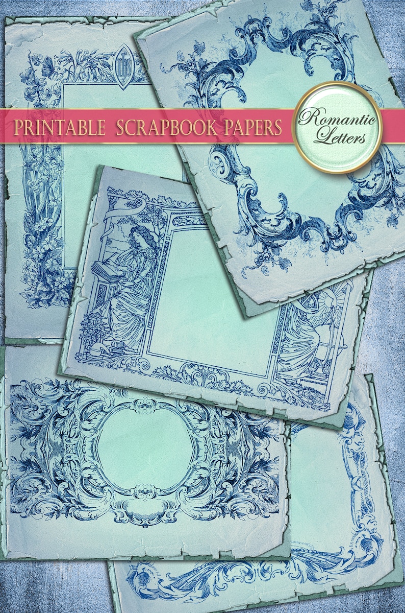 Digital printable scrapbook frames paper printable paper pack junk journal blank pages vintage craft paper blue background shabby chic A4 image 4