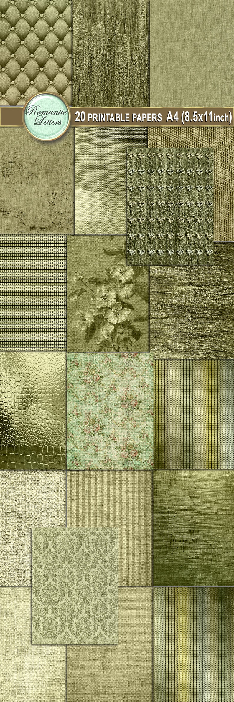 May include: A collage of 20 printable digital papers in various green shades and patterns. The papers feature textures like leather, wood, and fabric, as well as floral and geometric designs.  20 PRINTABLE PAPERS A4 (8.5x11 inch)