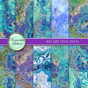 Könnte beinhalten: Ein Set mit 12x12 Zoll digitalem Papier mit abstrakten blauen, grünen und violetten Marmormustern. Die Papiere haben 300 DPI und eignen sich perfekt für Scrapbooking, Kartenherstellung und andere Bastelprojekte.